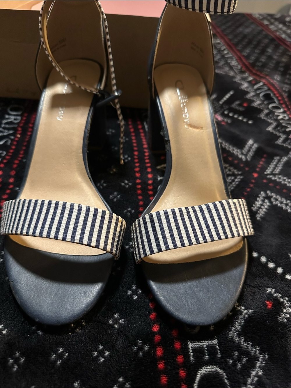 CL by Laundry Navy and White Striped Ankle‑Tie Block Heels 10M